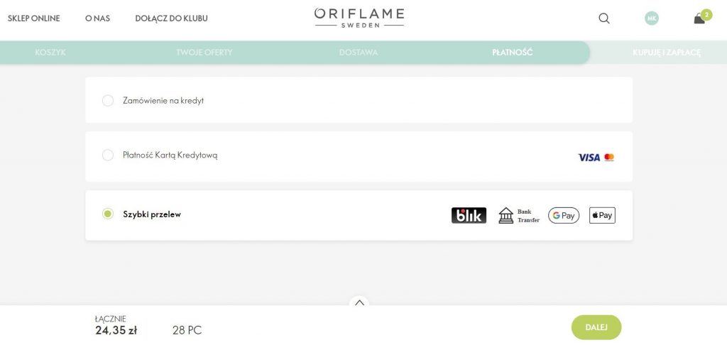 Opcje płatności w Oriflame on-line